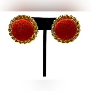 Vintage 80’s Orange Suede Center Earrings in Gold Tone Setting. Pre Owned